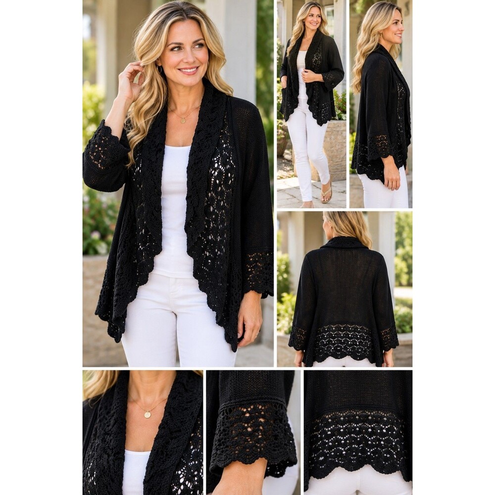 Croft & Barrow Womens Large Black Crochet Lace Open Front Cardigan Sweater